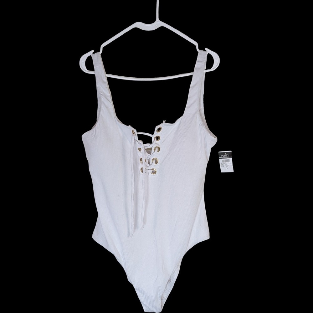 Rue21 One Piece Swimsuit Womens Large White Ribbed Lace Up Front Grommet Detail